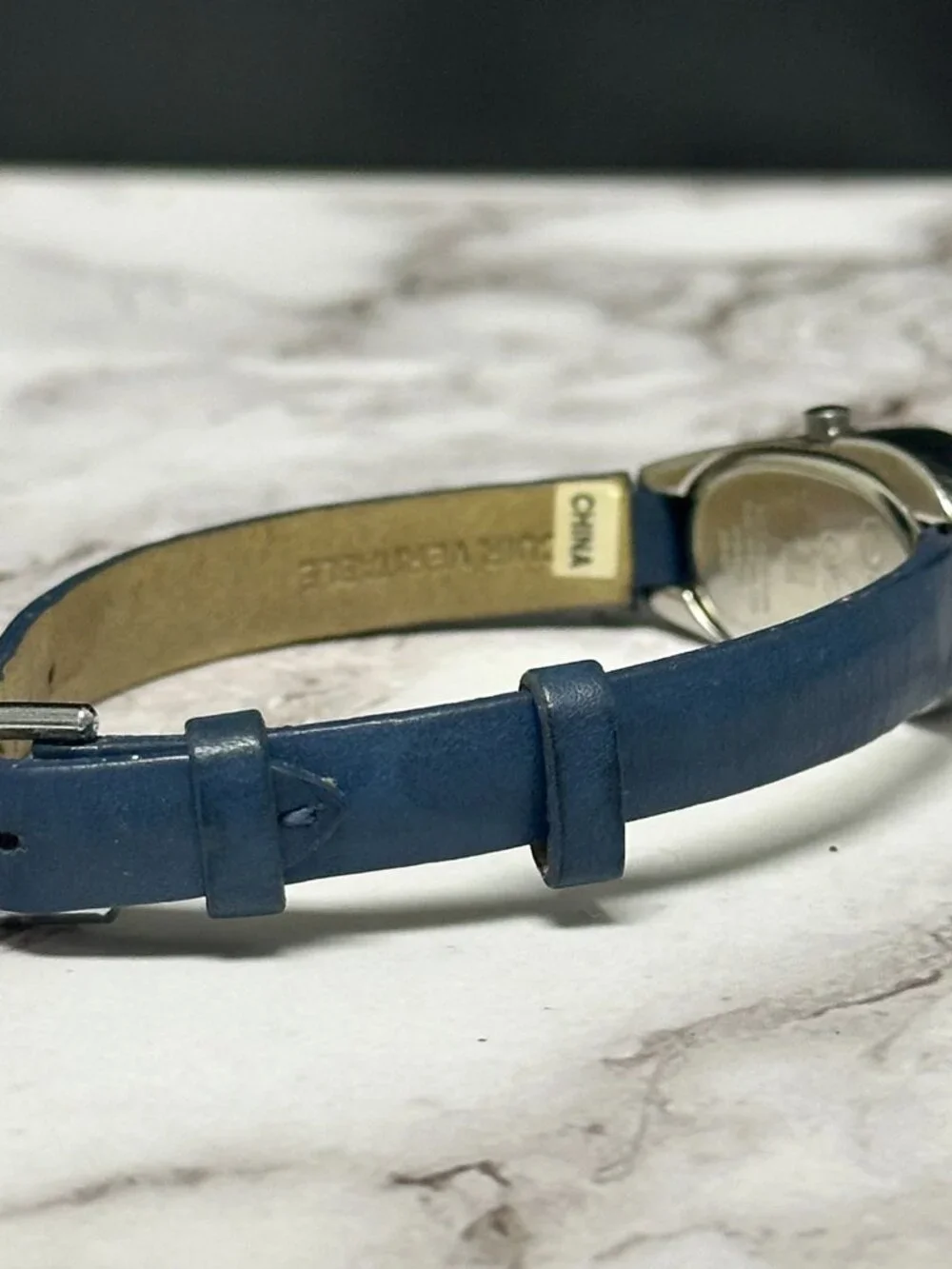 Opex Watch Women Silver Tone Blue Dial Skinny Leather Band New Battery 8 Inch